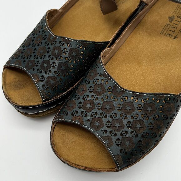 L’Artiste Spring Step Delphi’s Navy Blue Floral Leather Open Toe Wedge Sandal 42 - Picture 5 of 13